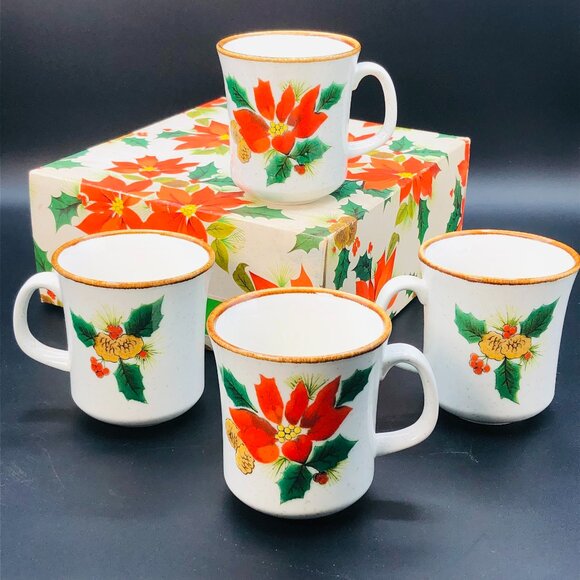 Vintage Mikasa Happy Holidays Ironstone Christmas Mugs - Set of 4 - Original Box - Picture 1 of 10